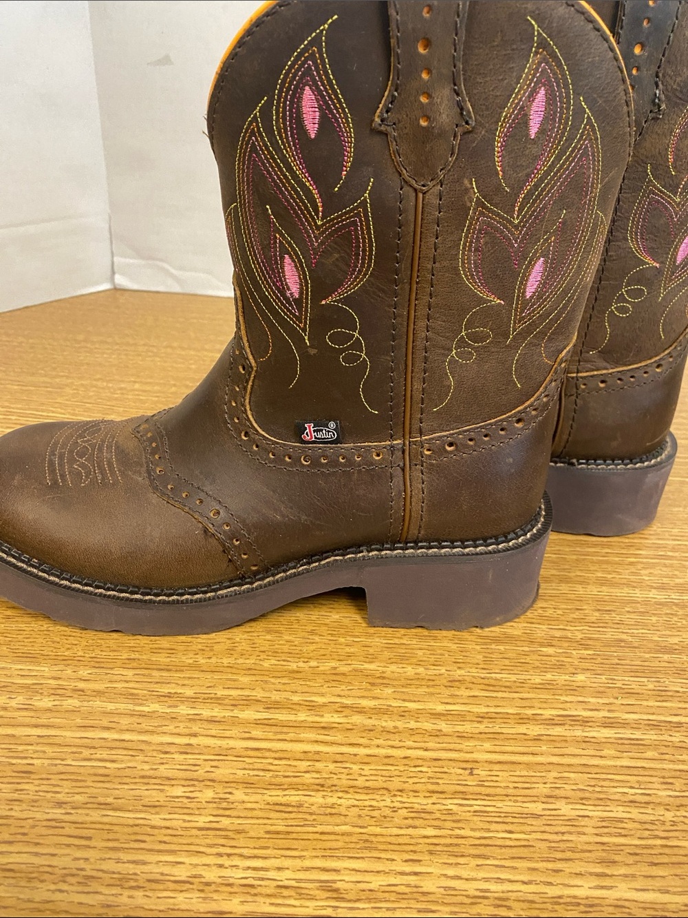 Justin Boots Brown Leather Kids Western Boots with Pink Stitching